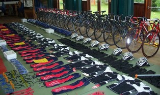 Equipment laid out by coach for cycling event
